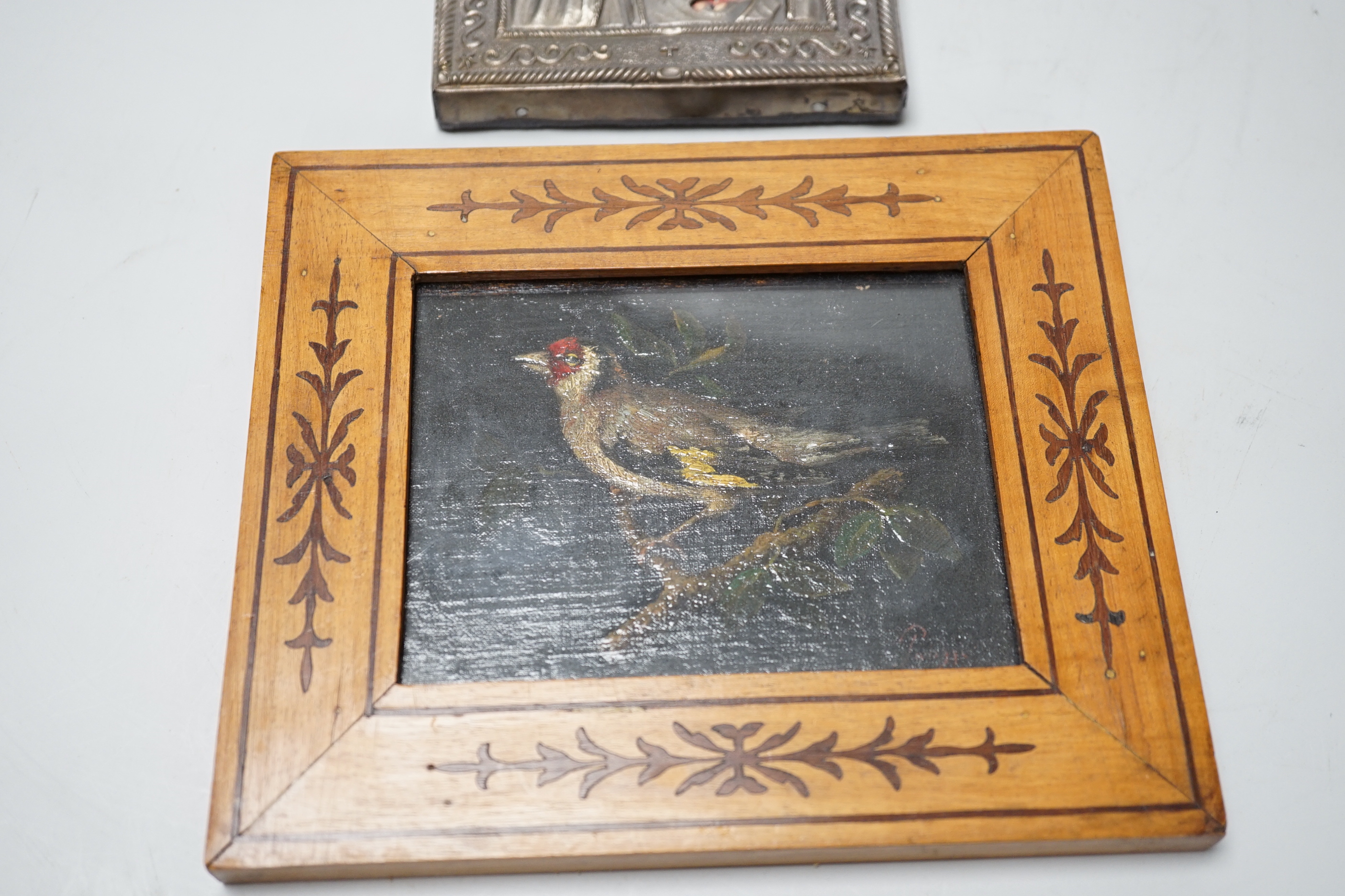 Continental School, oil, Study of a finch, and a small printed and overlaid Icon